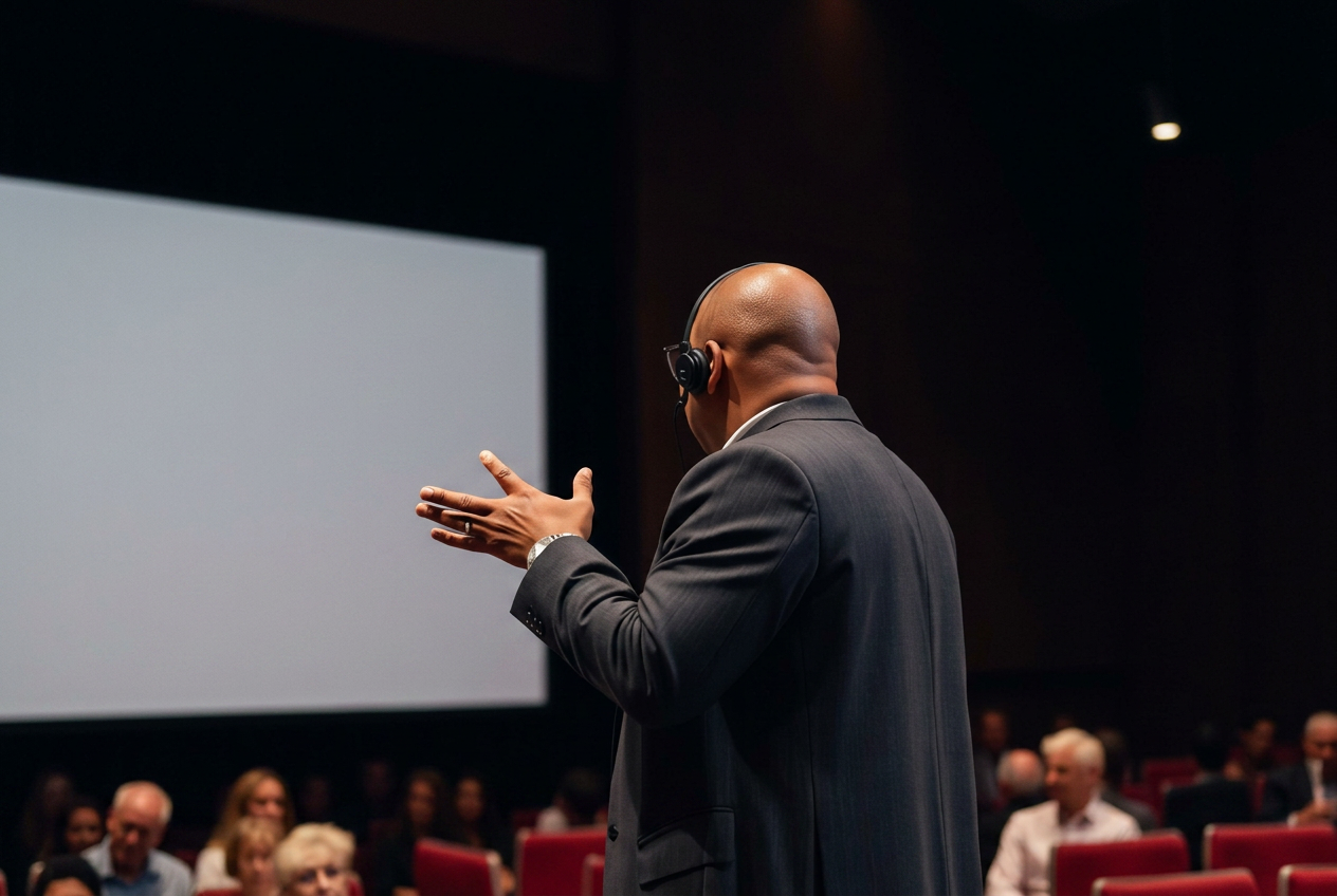 Moise (MO) Phanor on stage, gesturing toward a large presentation screen in front of a seated audience.